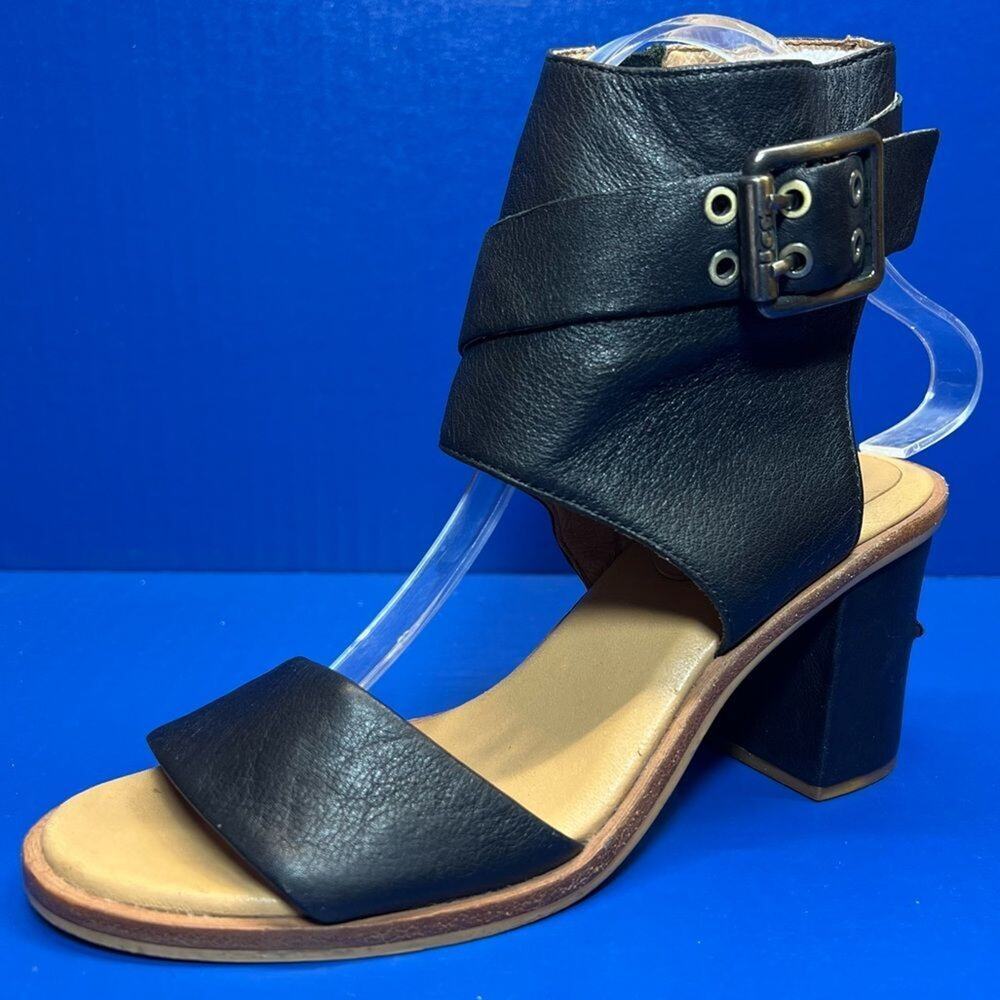 UGG Claudette Ankle Strap Block Heel Booties Black Leather Sandals Women 6.5